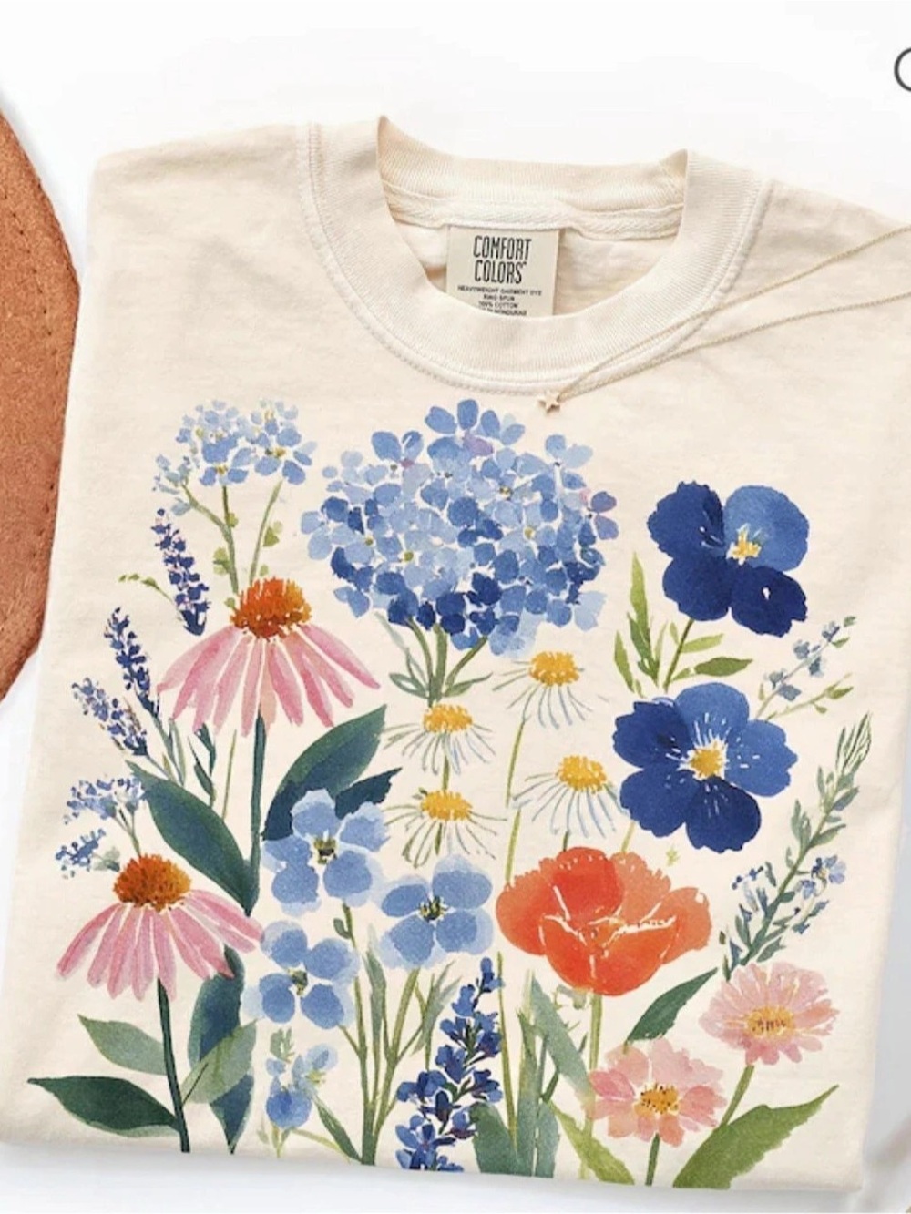 Comfort Colors Ivory Heavyweight Ring-Spun Tee with Watercolor Wildflowers